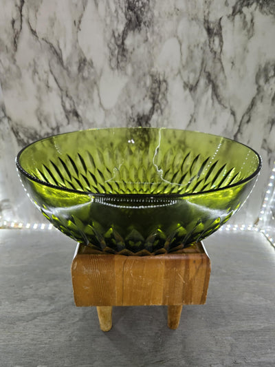 1960's Vintage Indiana Glass Company Cut Glass Avocado Green Large Salad Serving Fruit Bowl