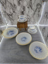 1950's Vintage Termocrisa Made in Mexico Milk Glass Blue Floral Iridescent Peach Scalloped edged dishware set -18 pieces