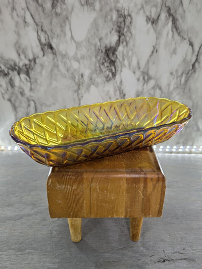 1970's Vintage Marigold Iridescent Carnival Glass Bread/Cracker Dish with Pretzel Pattern