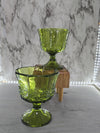 1960's Vintage Indiana Glass Grapes and Leaf Design Glass Avocado Green Footed Pedestal Vase/ Planter-Set of Two