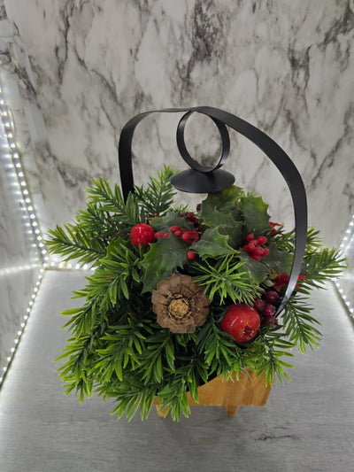 1970's Vintage Christmas Centerpiece Black Metal Basket Candle Holder with Plastic Pine Branches