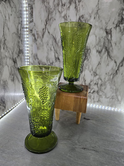 1970's Vintage MCM Avocado Green Indiana Glass Grapevine Patterned Vases set of 2