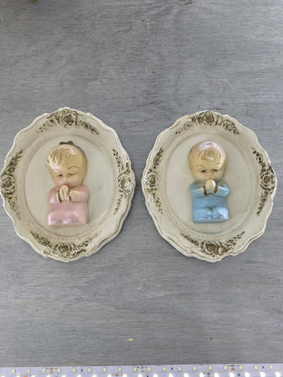 1960's Vintage Chalkware Wall Plaques of a Boy and Girl Praying-Set of Two.