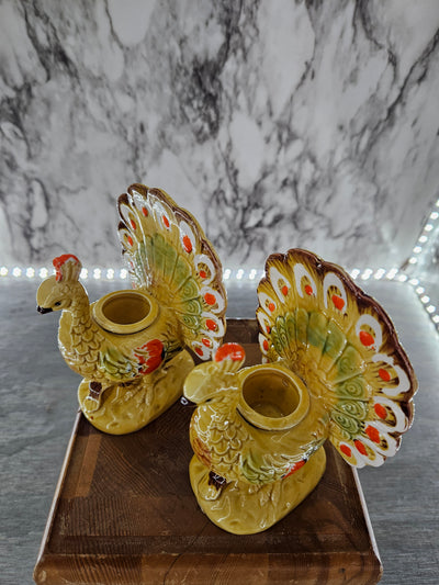 1970's Vintage Enesco Ceramic Turkey Candle Holders- made in Japan