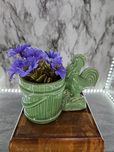 1950's Vintage Ceramic Green Rooster with Water Bucket Planter