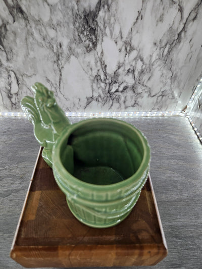 1950's Vintage Ceramic Green Rooster with Water Bucket Planter