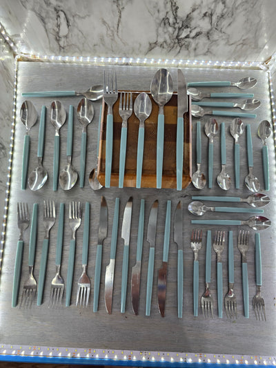 1980's Vintage 42 Piece Plastic Handled Teal Silverware Set