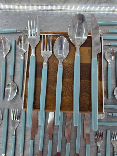 1980's Vintage 42 Piece Plastic Handled Teal Silverware Set