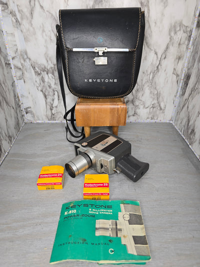 1960's Vintage Keystone 8mm Movie Camera with leather bag and film