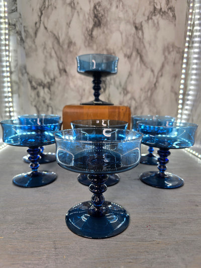 1980's  Richmond Blue Sherbert Dessert Glasses- set of 7