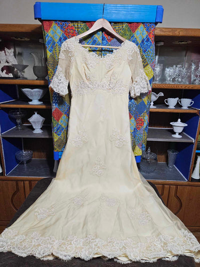 1960's Vintage gold tone lace wedding dress with pearl accents