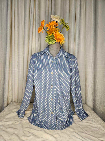 1970's Vintage MCM Blue and white pleated dotted shirt