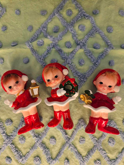 1960's Vintage MCM Kitschy Napcoware girl Christmas elf figurines with soft doll hair from Japan