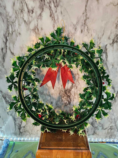 1960's Vintage MCM plastic holly leaves and berries Christmas wreath with red felt bow