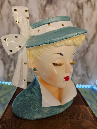 1959 Vintage Napco Lucille Ball lady head vase aqua green coat and hat and bristle-fiber eyelashes