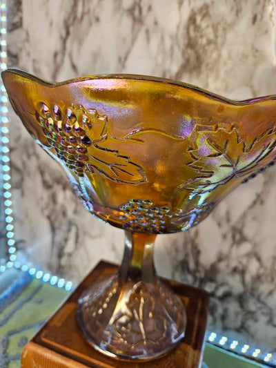 1970's Vintage MCM Indiana glass amber marigold harvest grape carnival pedestal bowl