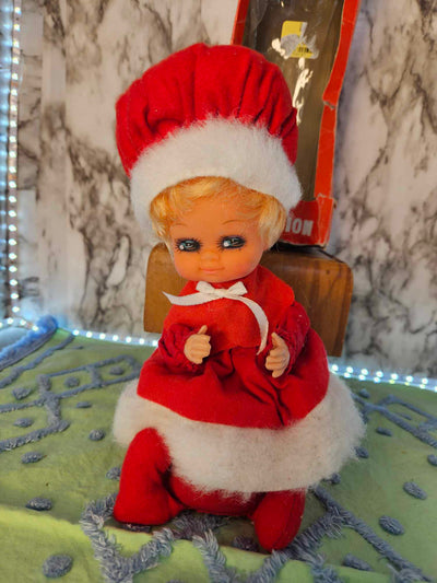 1960's Vintage MCM Pixie Style Christmas Musical Motion Santa Girl Doll Animated Hong Kong