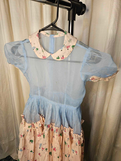 1960's Vintage MCM Pre-Teen Blue and pink Sheer Nylon Chiffon Party dress with Circus elephants