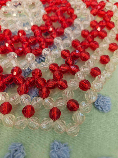 1970's Vintage MCM handmade Faceted Plastic Bead Doily Trivet Mat Hexagon Red & Clear