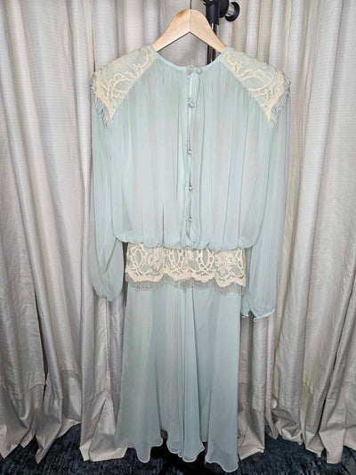 1980's Vintage Sea foam Green Chiffon Lace and beaded Prom dress