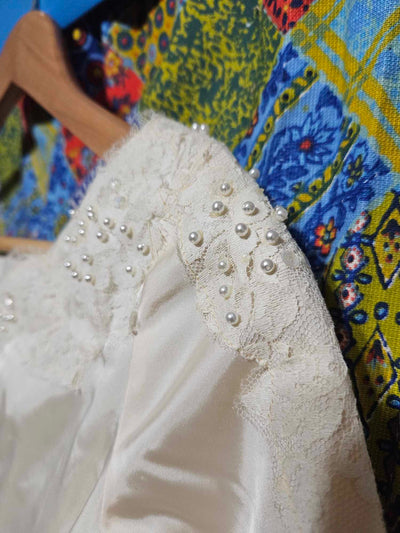 1960's Vintage white wedding gown with lace and pearl accents