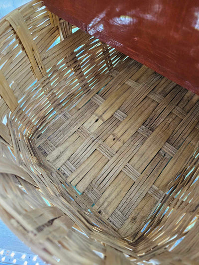 1940's Vintage MCM Woven Wood Picnic Basket Single Handle Double wooden lids with woven wood veneer detailing