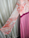 1970's Vintage MCM Chiffon and Polyester Pink and white Prom dress with bow