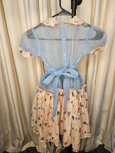 1960's Vintage MCM Pre-Teen Blue and pink Sheer Nylon Chiffon Party dress with Circus elephants