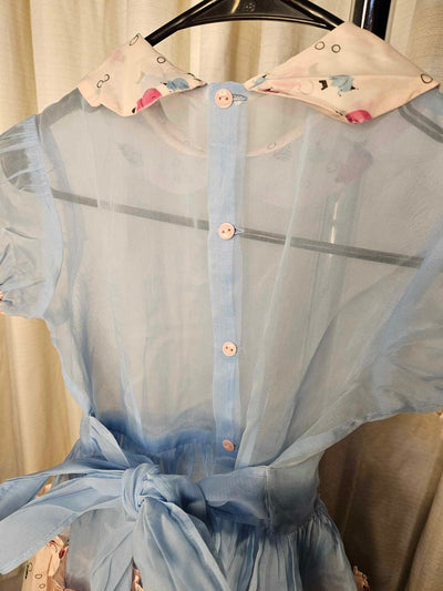 1960's Vintage MCM Pre-Teen Blue and pink Sheer Nylon Chiffon Party dress with Circus elephants