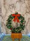 1960's Vintage MCM plastic holly leaves and berries Christmas wreath with red felt bow
