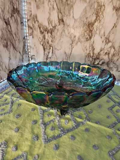 1970's Vintage MCM Indiana carnival glass blue large oval footed bowl fruit pattern