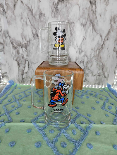 Modern Mickey Mouse and Goofy Tall Glass Mug with Handle Root Beer Float Disney set of two