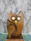 Vintage MCM Wooden owl bank with metal Brass eyes