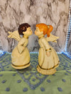 1973 Vintage MCM Kissing Angels pair red haired girl pony tail, brown haired boy music box plays Silent Night Berman and Anderson Inc.Exclusive KN Japan