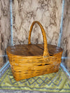 1940's Vintage MCM Woven Wood Picnic Basket Single Handle Double wooden lids with woven wood veneer detailing