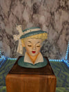 1959 Vintage Napco Lucille Ball lady head vase aqua green coat and hat and bristle-fiber eyelashes
