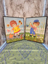 1970s Vintage MCM Raggedy Ann & Andy Garden themed mounted Prints by Lyn Stapco NY set of two