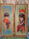 1971 Vintage MCM Brother and Sister Big Eyed Wall Plaque set Lithographs on cork board by Lee Soroka sales Inc.